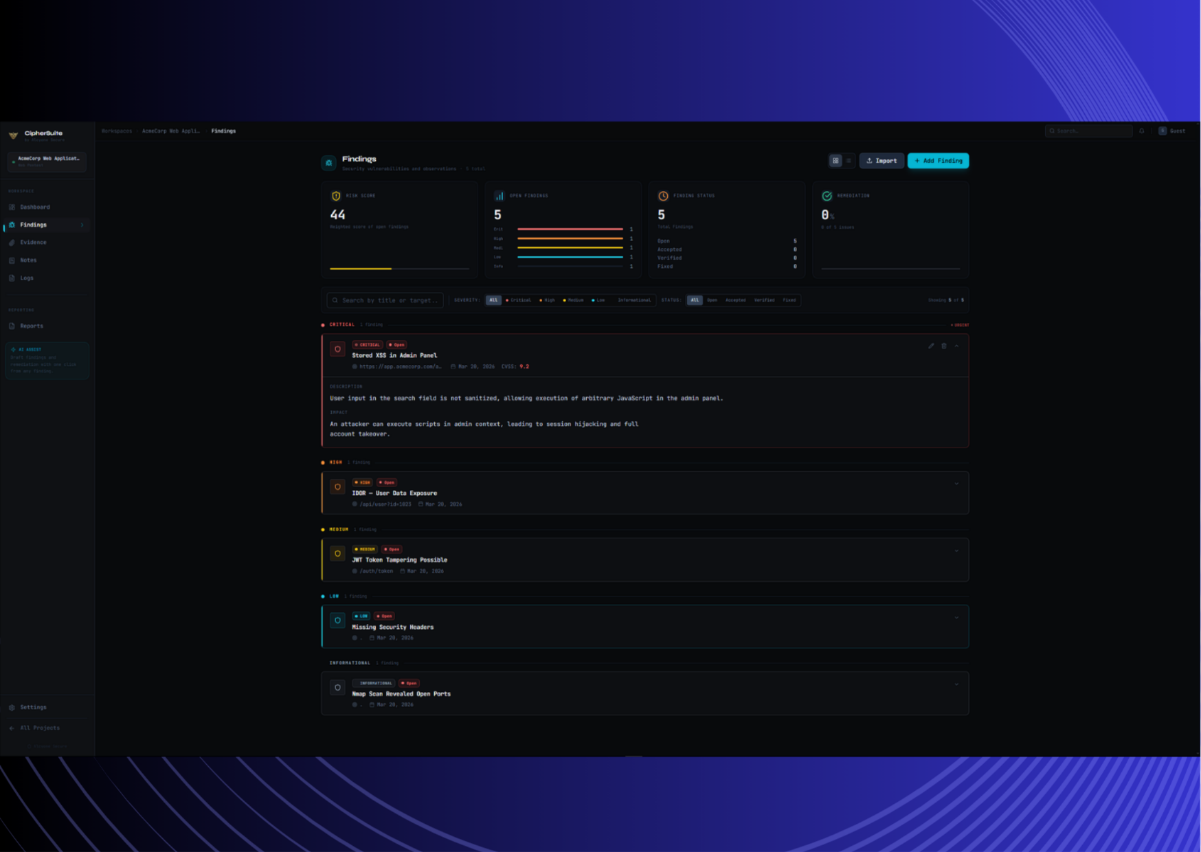 CipherSuite Findings Management - Vulnerability Tracking